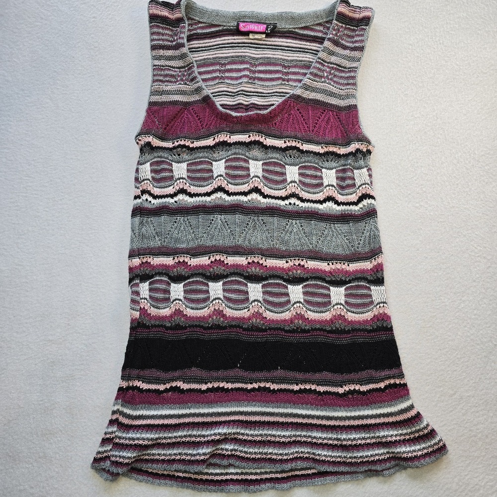 Vintage Y2K Crochet Knit Tank Top Wave Striped Boho Festival Tunic Vest M USA...